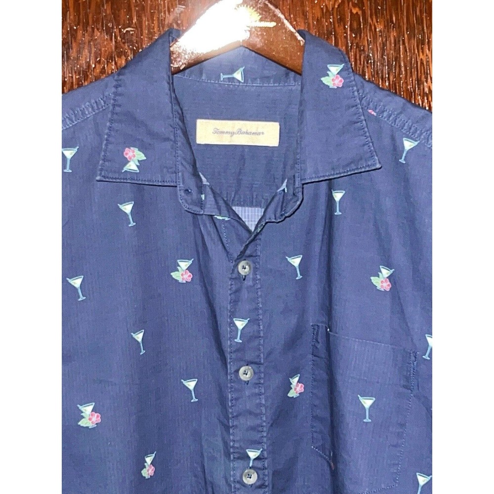 TOMMY BAHAMA BLUE MARTINI FLORAL COTTON CAMP SHIRT SIZE L COPYRIGHTED PRINT